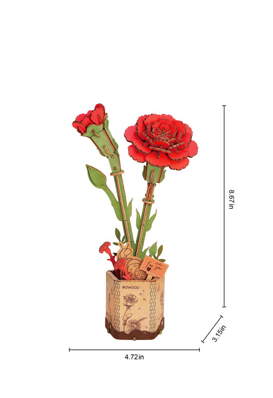 3D Wooden Flower Puzzle: Red Carnation
