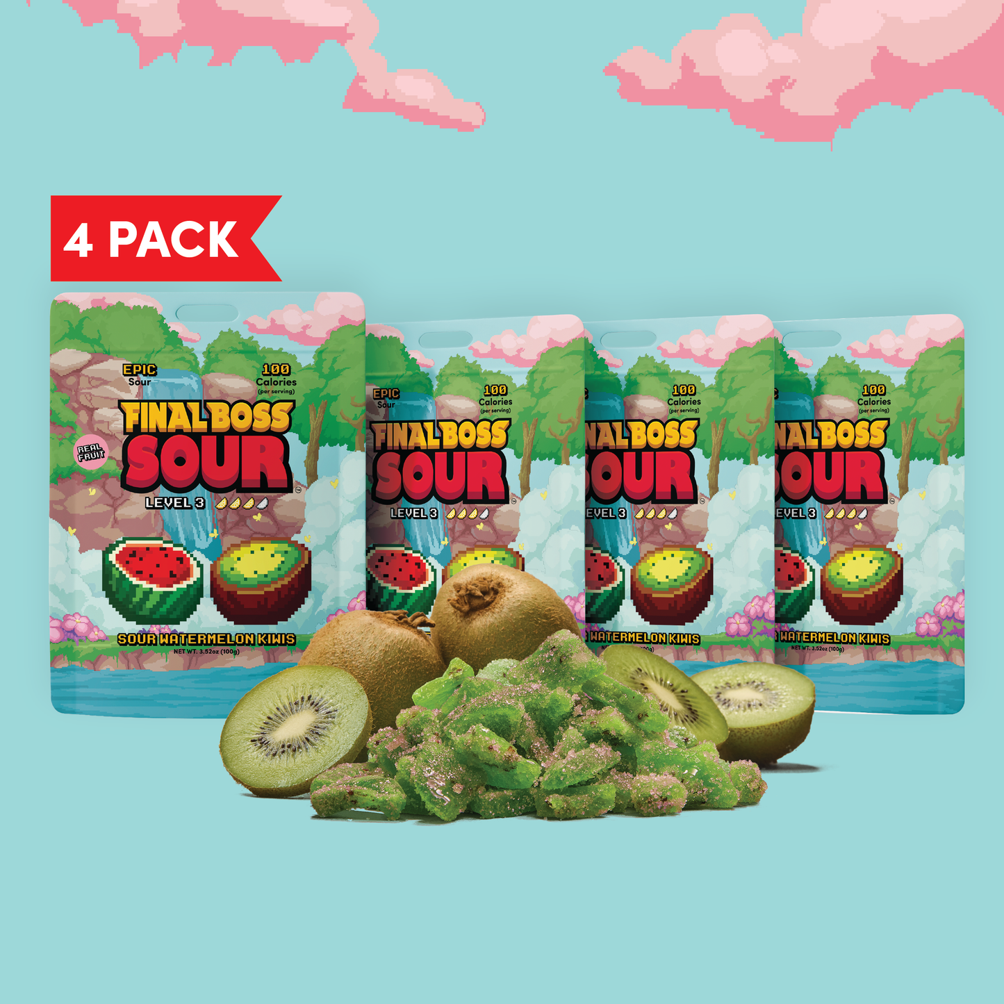 Final Boss Sour - Sour Watermelon Kiwis (Level 3) (4-Pack) - Dried Fruit Candy