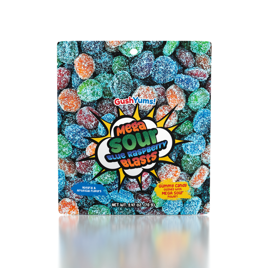 GushYums Mega Sour Blue Raspberry Blasts Gushing Candy 2.4oz