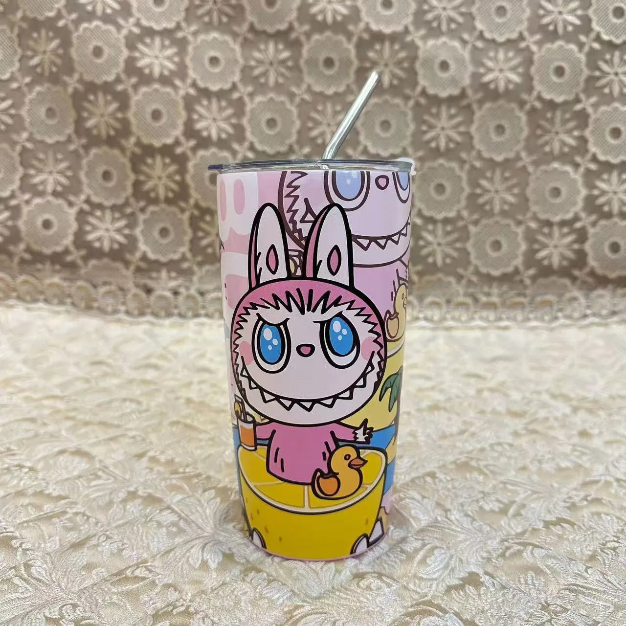Labubu Inspired 20oz Tumbler Stainless Steel Coffee Cup 3D Print Cute Cartoon Insulated Travel Mug with Splash-Proof Lid for Ice Drinks and Hot Beverage Smoothie Cup