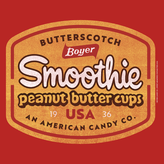 close up of boyer smoothie peanut butter cups vintage candy logo graphic