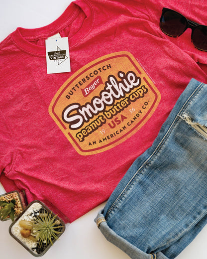 boyer smoothie peanut butter cups graphic t shirt laid flat vintage candy brand apparel