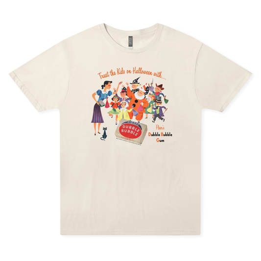 Dubble Bubble Treat the Kids on Halloween vintage-inspired graphic T-shirt featuring retro trick-or-treaters and classic bubble gum artwork.