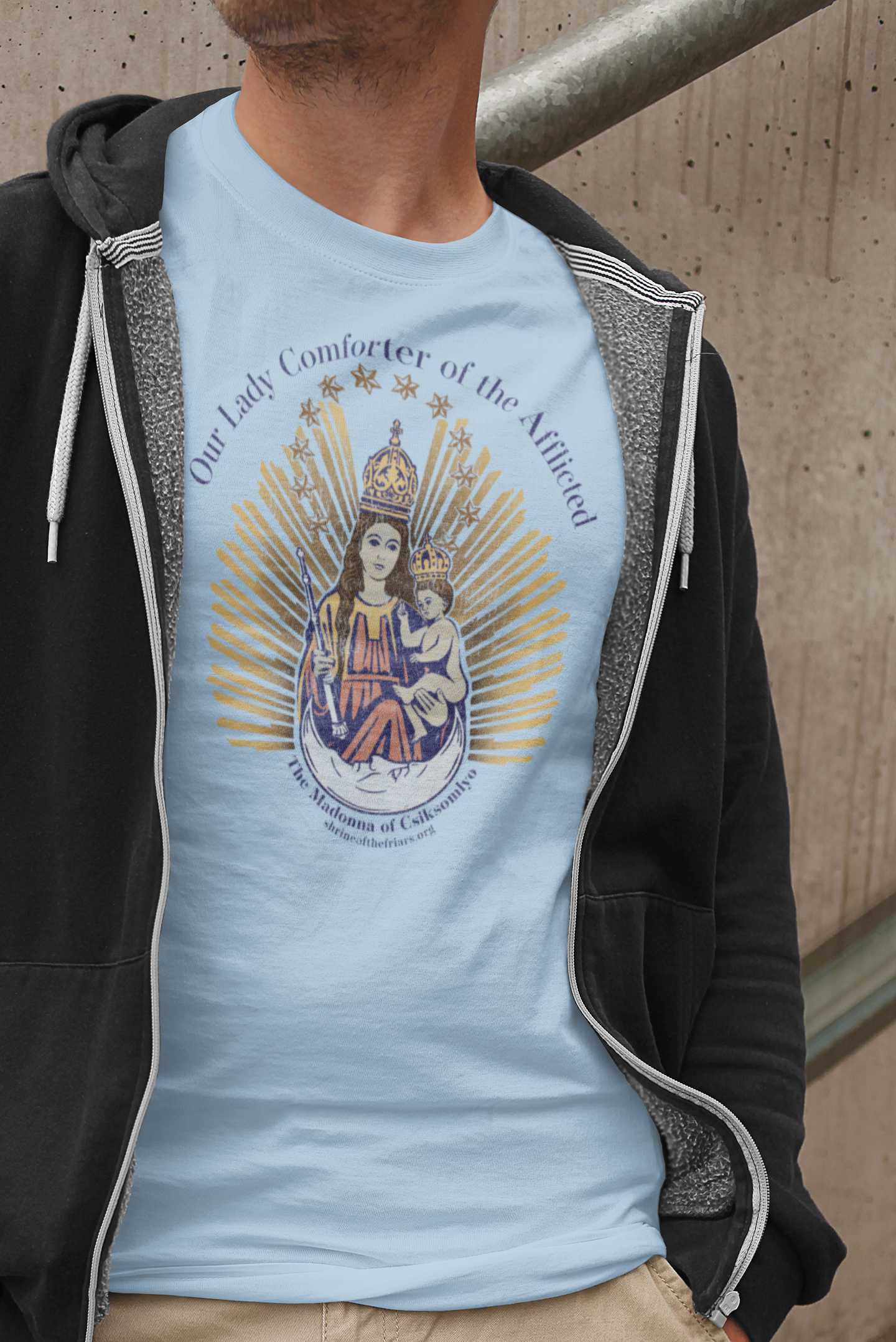 unisex madonna of csiksomlyo shirt styled casually catholic faith inspired outfit