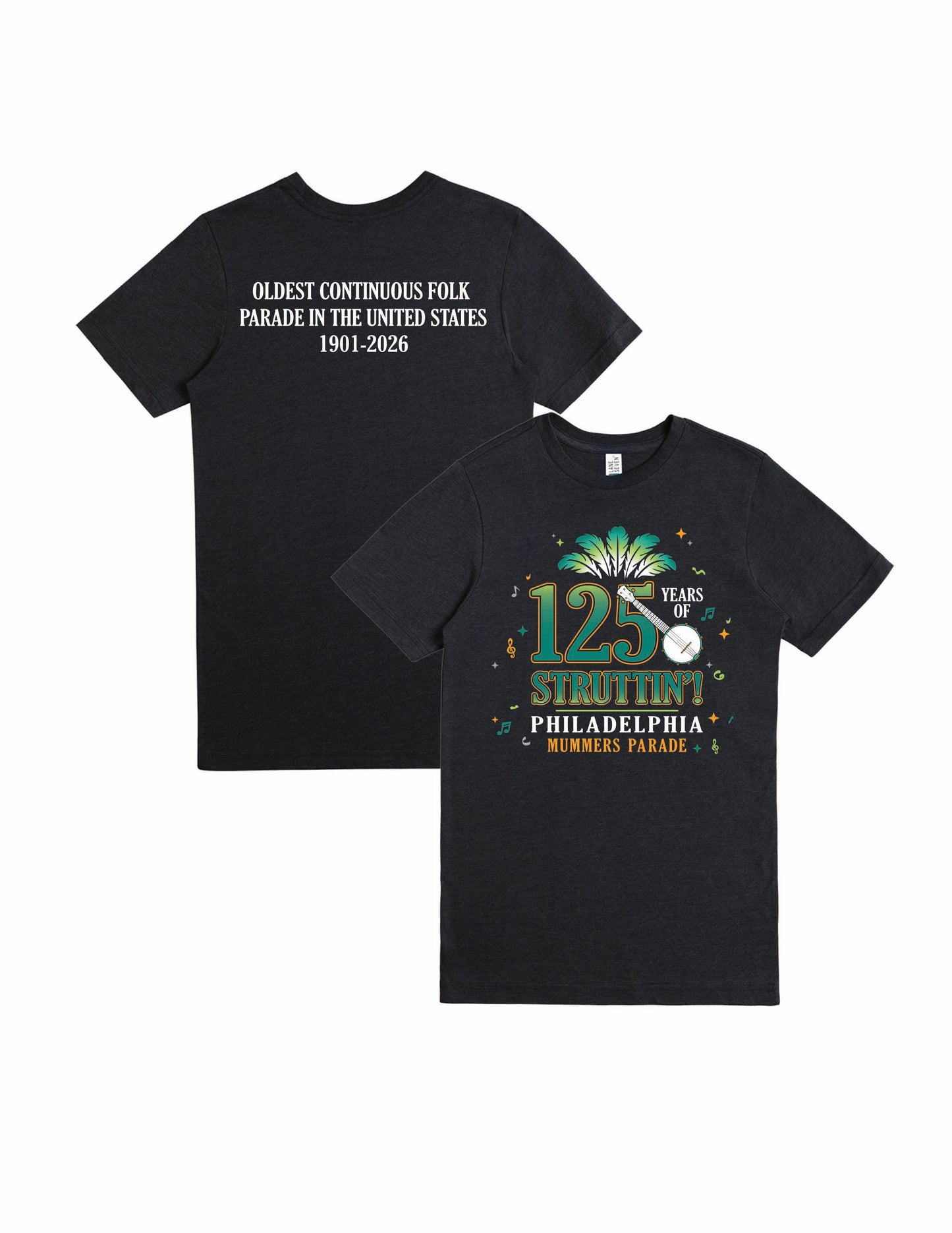 Mummers 125 years of Struttin' vintage graphic t-shirt flat lay Philadelphia parade heritage tee