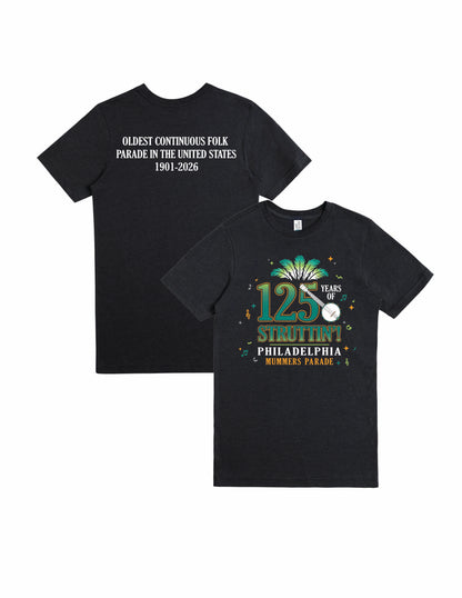 Mummers 125 years of Struttin' vintage graphic t-shirt flat lay Philadelphia parade heritage tee