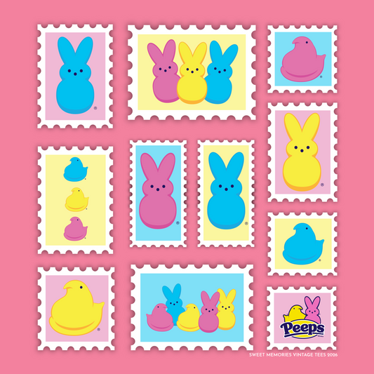 PEEPS® Officially Licensed Vintage Stamp Easter T-Shirt – Retro Marshmallow Candy Graphic Tee- PREORDER