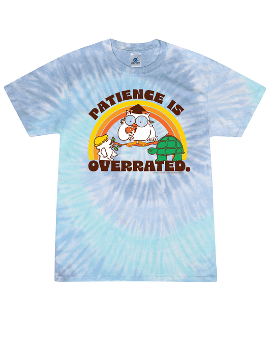 Tootsie Pop Patience is Overrated T-shirt featuring MR. OWL on a retro rainbow graphic and blue tie-dye tee.