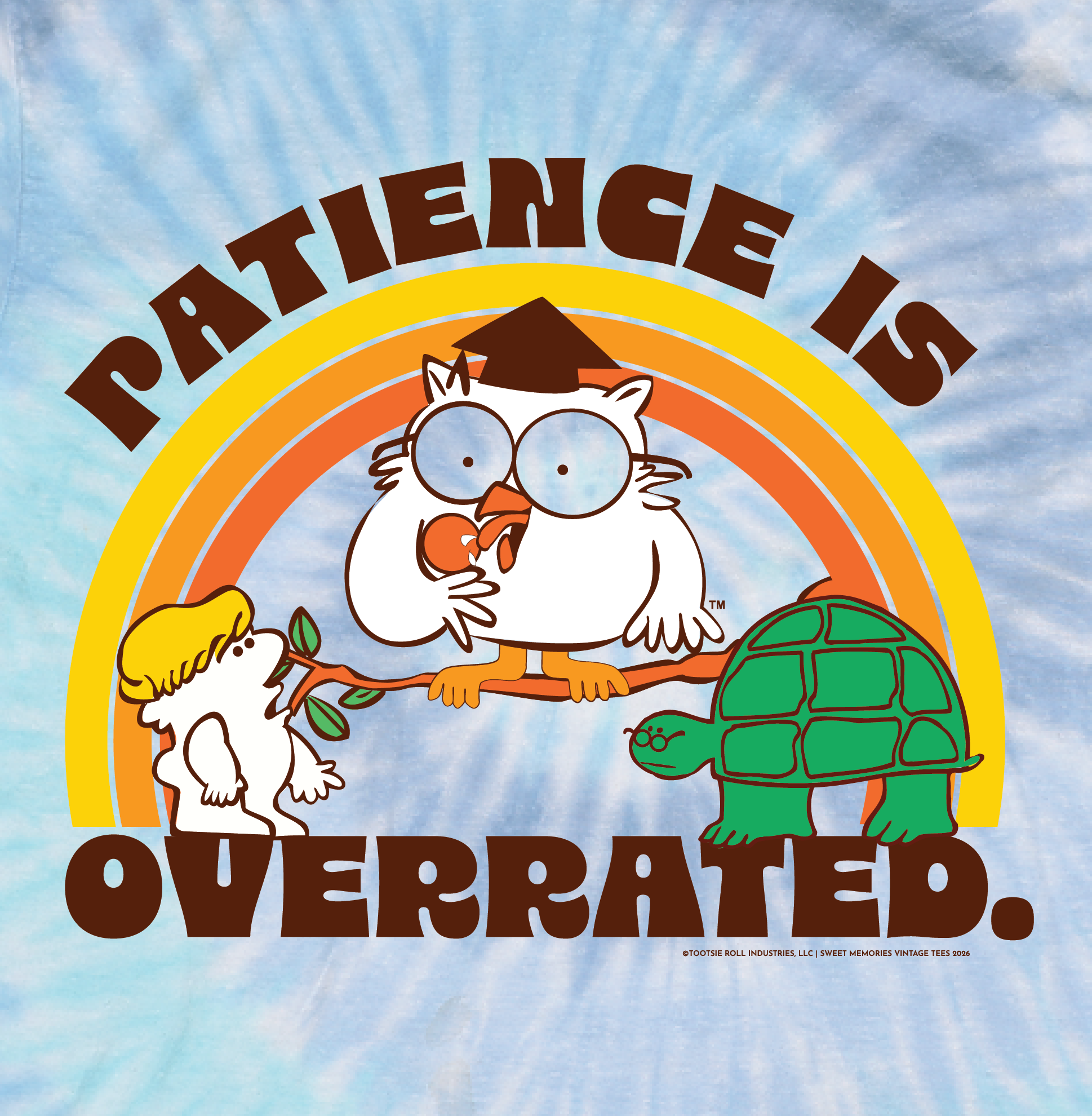Tootsie Pop Patience is Overrated T-shirt featuring MR. OWL on a retro rainbow graphic and blue tie-dye tee.