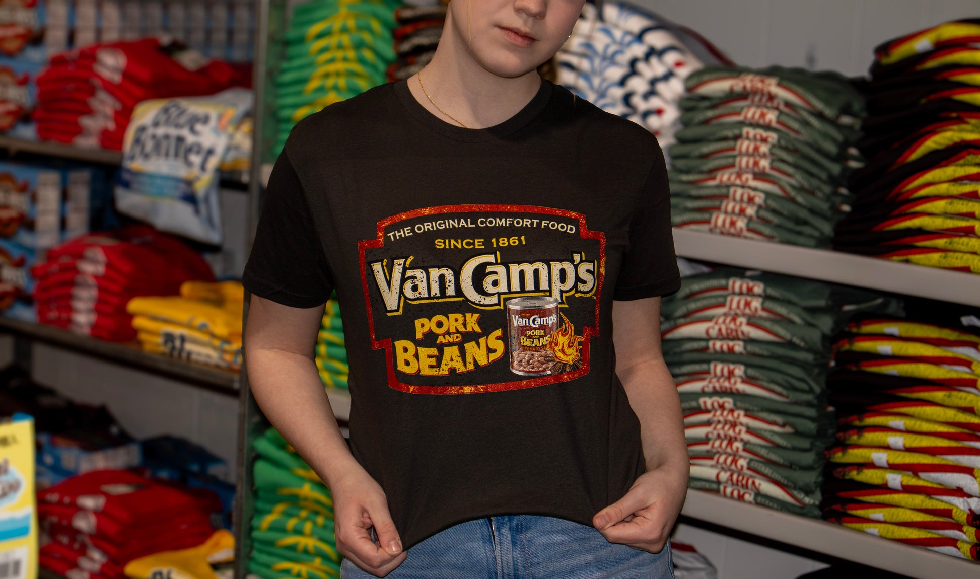 VanCamp’s Pork and Beans retro t-shirt front on a female model