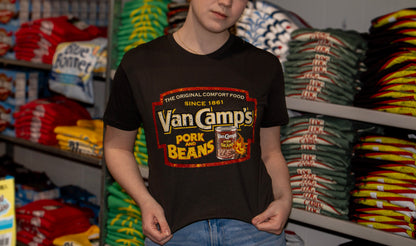 VanCamp’s Pork and Beans retro t-shirt front on a female model