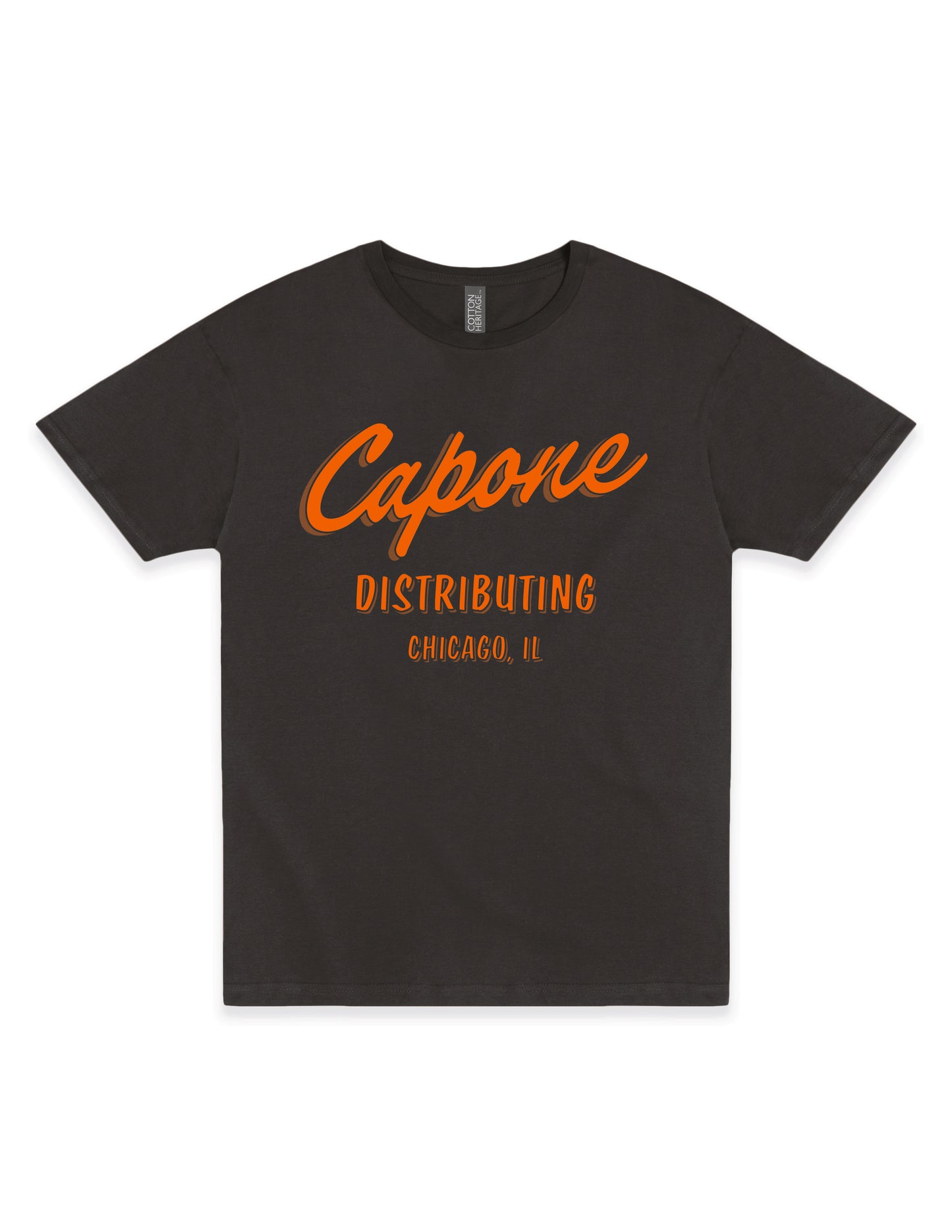 Al Capone SMVT Exclusive Unisex Graphic Tee featuring a vintage Capone Distributing Chicago, Illinois design printed on a black unisex T-shirt.