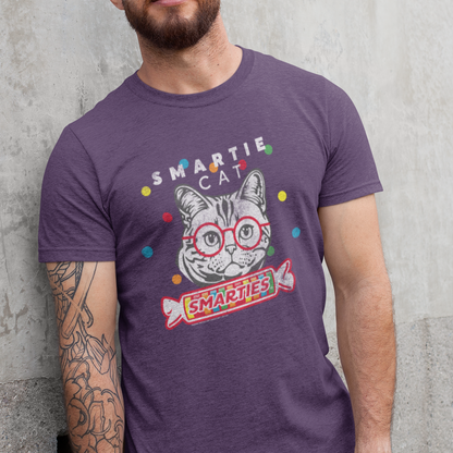 Man with tattoos wearing the Smartie Cat heather purple unisex graphic t-shirt