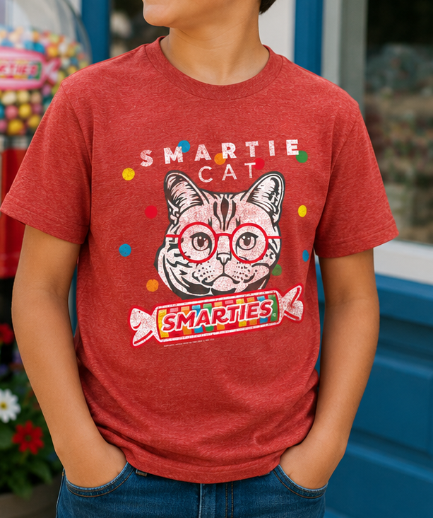 boy wearing smartie cat are you a smartie cat tee retro candy graphic t-shirt