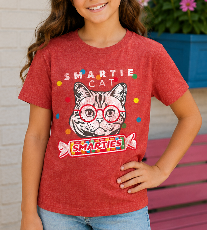 girl wearing smartie cat are you a smartie cat tee retro candy graphic t-shirt