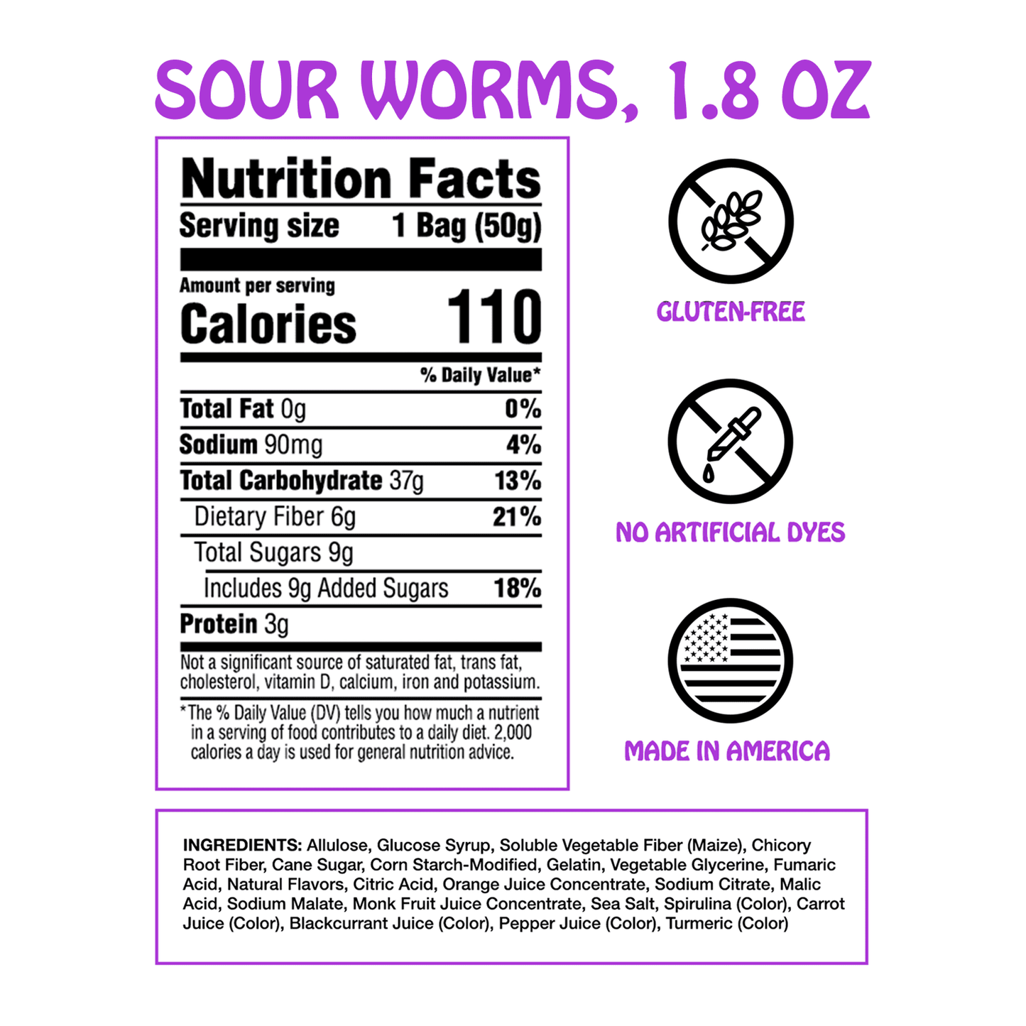 Sour Gummy Worms Candy: GF, Prebiotics, Low Sugar