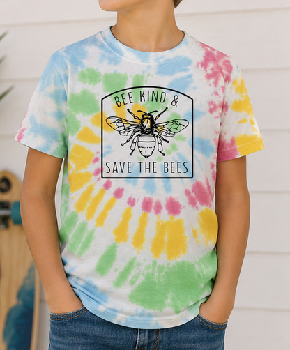 Child wearing the Bee Kind & Save the Bees Unisex Youth Tie-Dye Tee featuring a colorful bee graphic on a rainbow spiral tie-dye shirt.