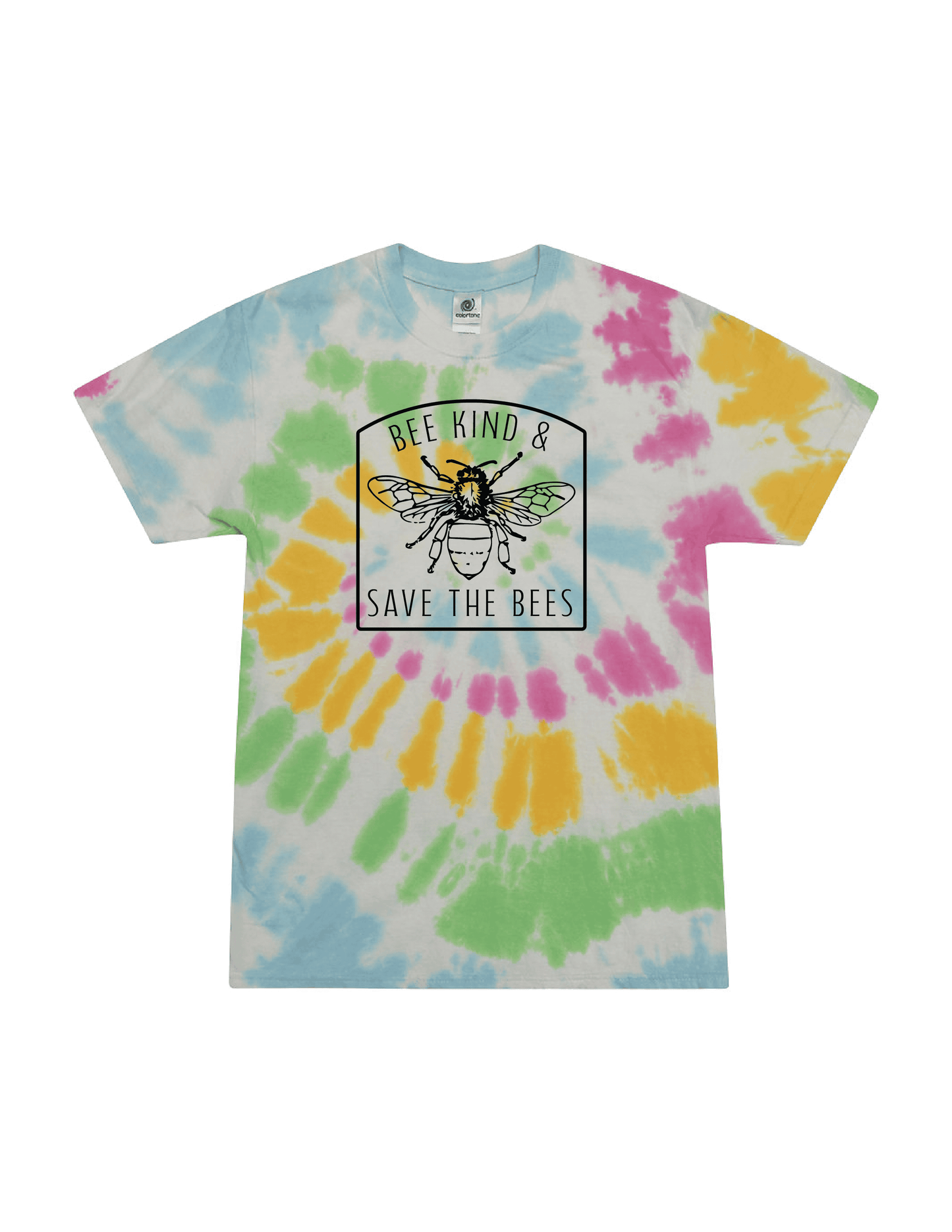 Bee Kind & Save the Bees Unisex Youth Tie-Dye Tee featuring a colorful bee conservation graphic on a vibrant spiral tie-dye T-shirt for kids.
