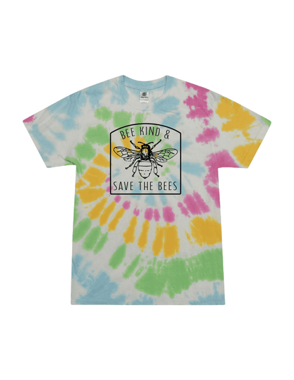 Bee Kind & Save the Bees Unisex Youth Tie-Dye Tee featuring a colorful bee conservation graphic on a vibrant spiral tie-dye T-shirt for kids.