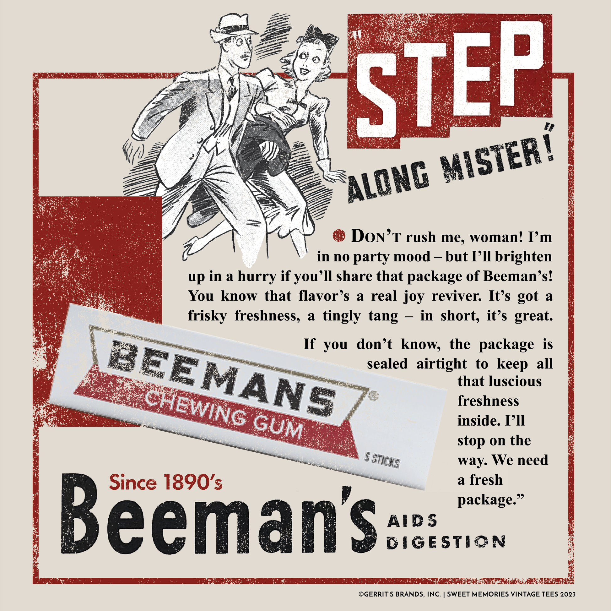 close up of beemans chewing gum step along mister vintage ad graphic
