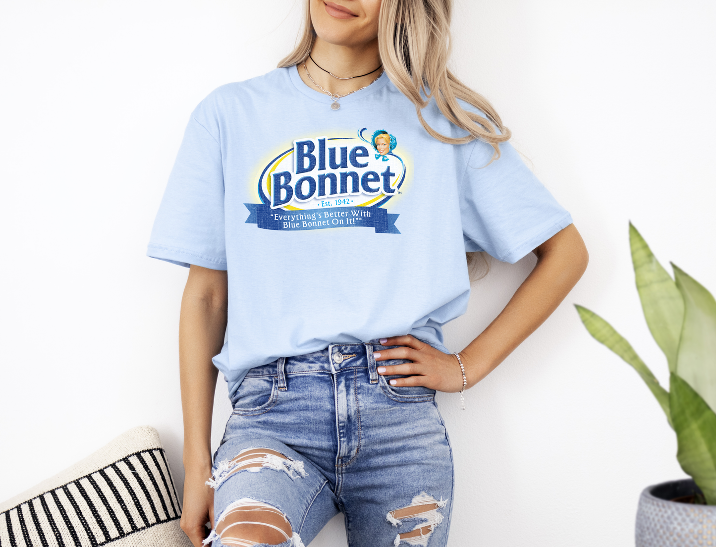 unisex blue bonnet vintage brand shirt styled casually retro grocery nostalgia outfit