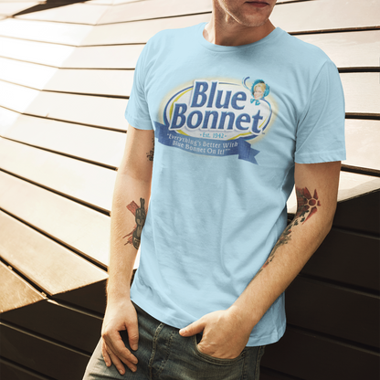 unisex blue bonnet vintage brand shirt styled casually retro grocery nostalgia outfit