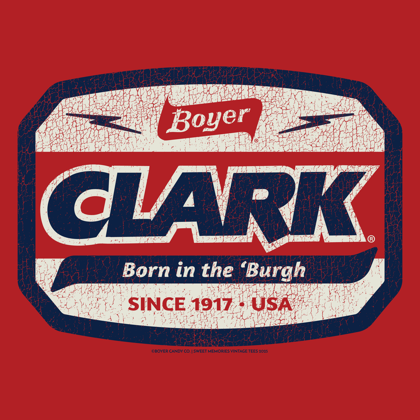 Close-up of the officially licensed Boyer® Clark Bar® Born in the 'Burgh graphic featuring vintage candy branding and Pittsburgh-inspired artwork.