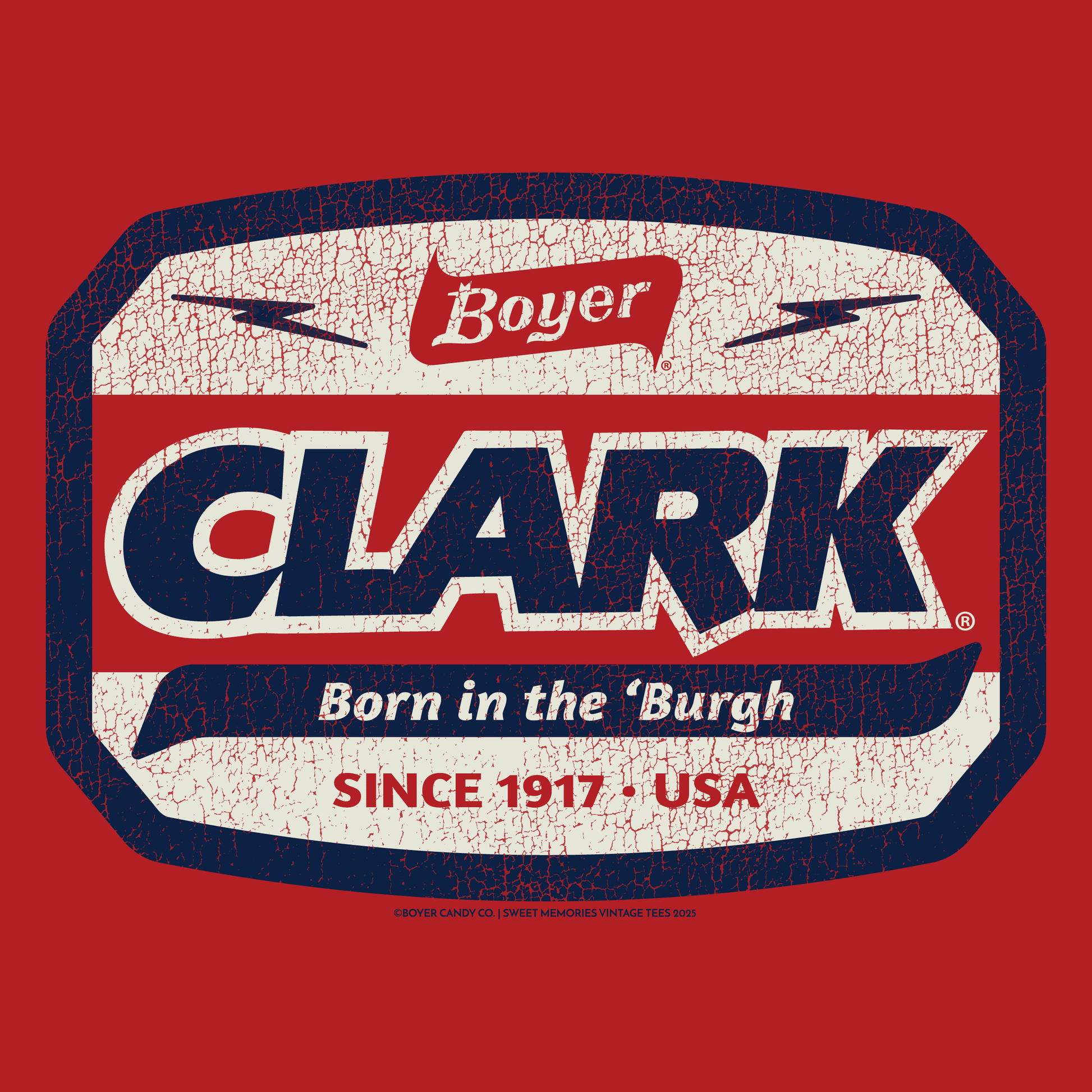 Close-up of the officially licensed Boyer® Clark Bar® Born in the 'Burgh graphic featuring vintage candy branding and Pittsburgh-inspired artwork.