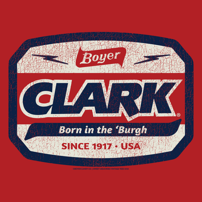 Close-up of the officially licensed Boyer® Clark Bar® Born in the 'Burgh graphic featuring vintage candy branding and Pittsburgh-inspired artwork.