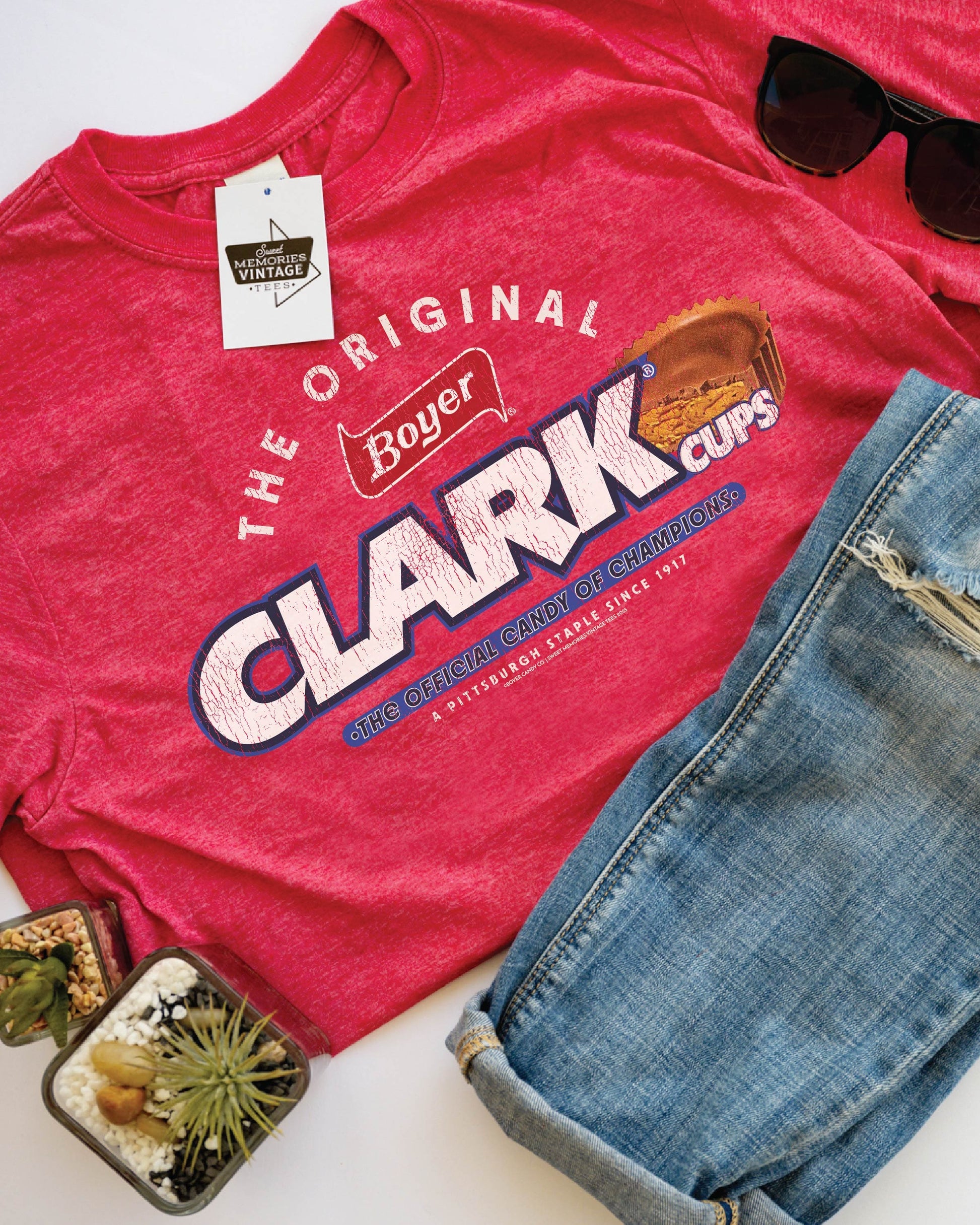 boyer clark cups the original graphic t shirt laid flat vintage candy brand apparel
