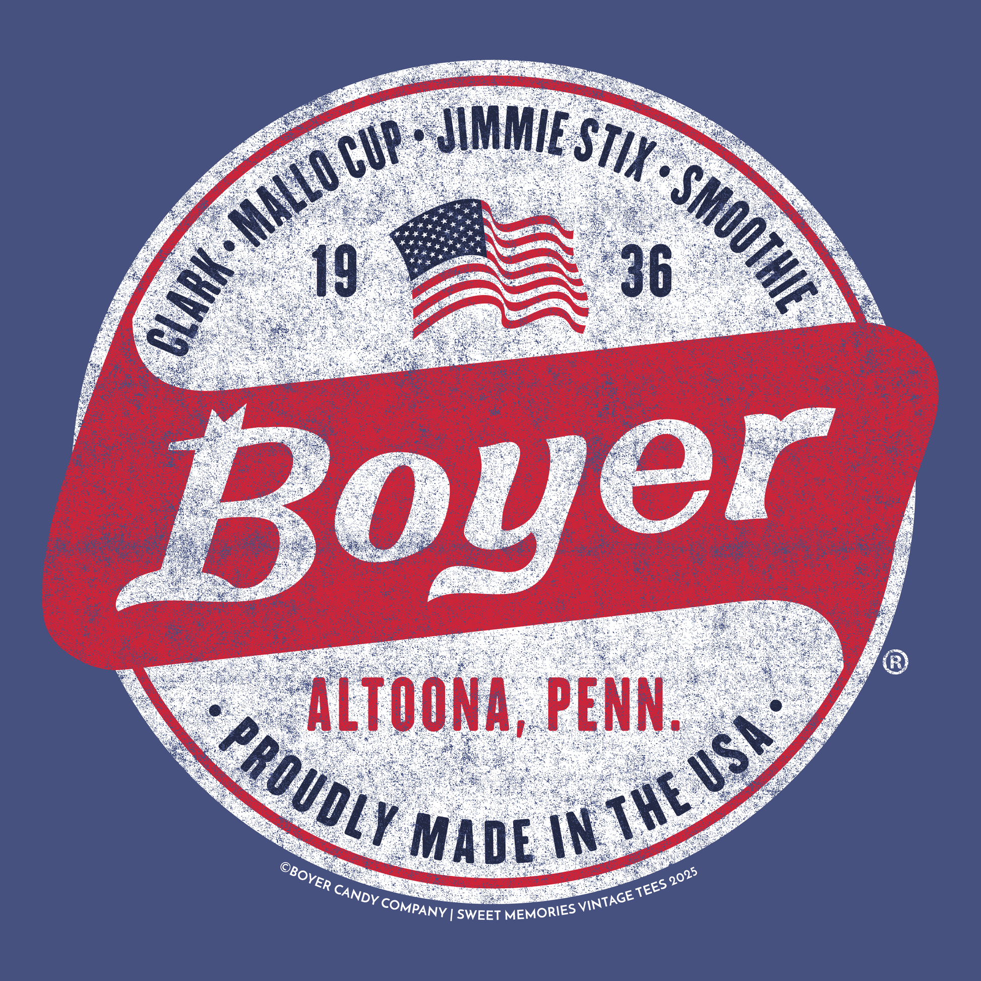 close up of boyer made in the usa patriotic candy graphic
