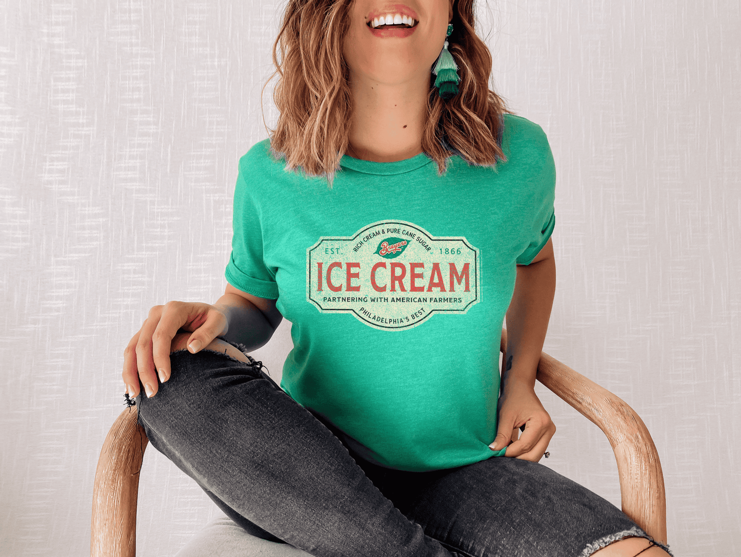Unisex Breyers® Ice Cream farmers' t-shirt worn casually, vintage Americana style outfit.