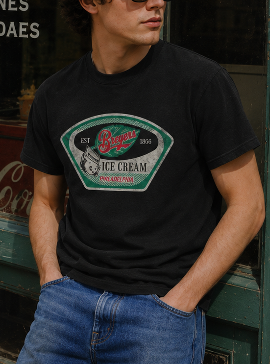Man wearing a Breyers Ice Cream Novelty Tee showcasing retro ice cream branding and nostalgic vintage-inspired graphics.