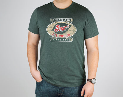 Man wearing a Breyers Ice Cream Philadelphia Since 1866 Vintage Unisex Tee showcasing classic ice cream branding and vintage-inspired artwork.