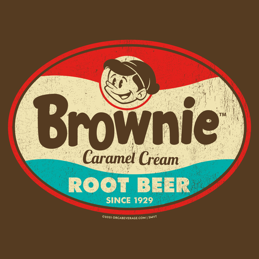 Vintage Brownie™ Caramel Cream Root Beer artwork featuring nostalgic soda branding and retro root beer advertising.