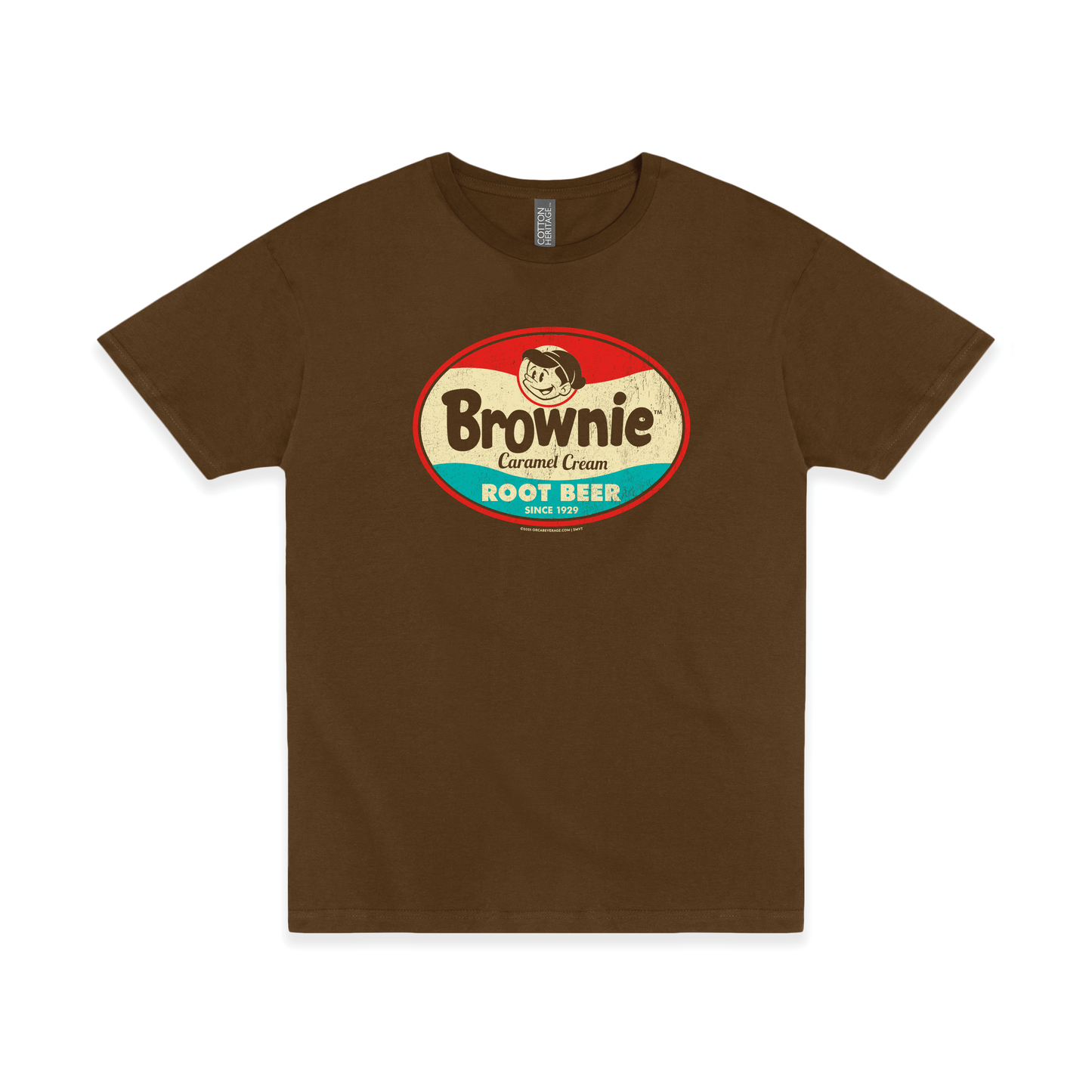 Brownie™ Caramel Cream Root Beer Tee displayed on a unisex T-shirt featuring a vintage Brownie™ root beer graphic.