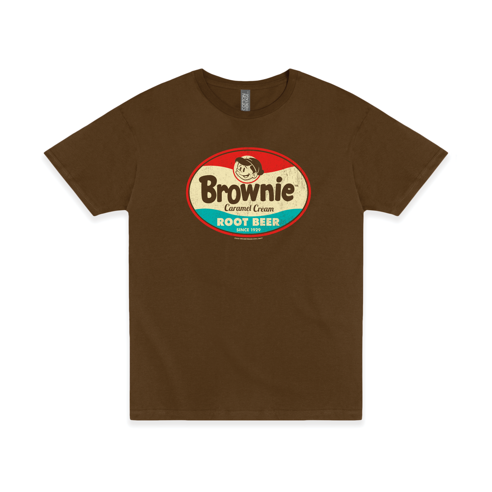 Brownie™ Caramel Cream Root Beer Tee displayed on a unisex T-shirt featuring a vintage Brownie™ root beer graphic.