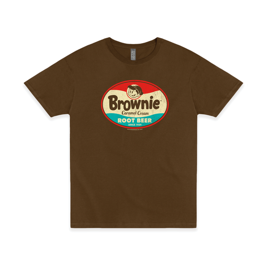 Brownie™ Caramel Cream Root Beer Tee displayed on a unisex T-shirt featuring a vintage Brownie™ root beer graphic.