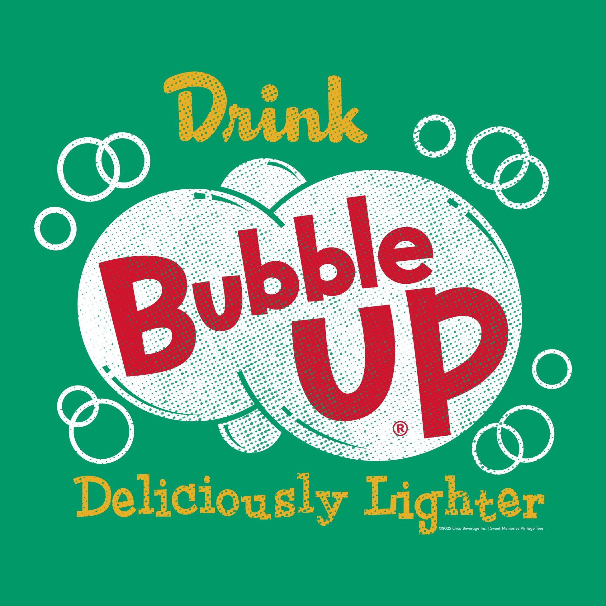 Vintage Bubble Up® Deliciously Lighter graphic featuring the classic Bubble Up soda logo with white bubbles and retro distressed lettering.