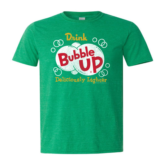Bubble Up® Deliciously Lighter Tee on a heather green unisex t-shirt featuring a vintage Bubble Up soda logo with bubbles and retro typography.