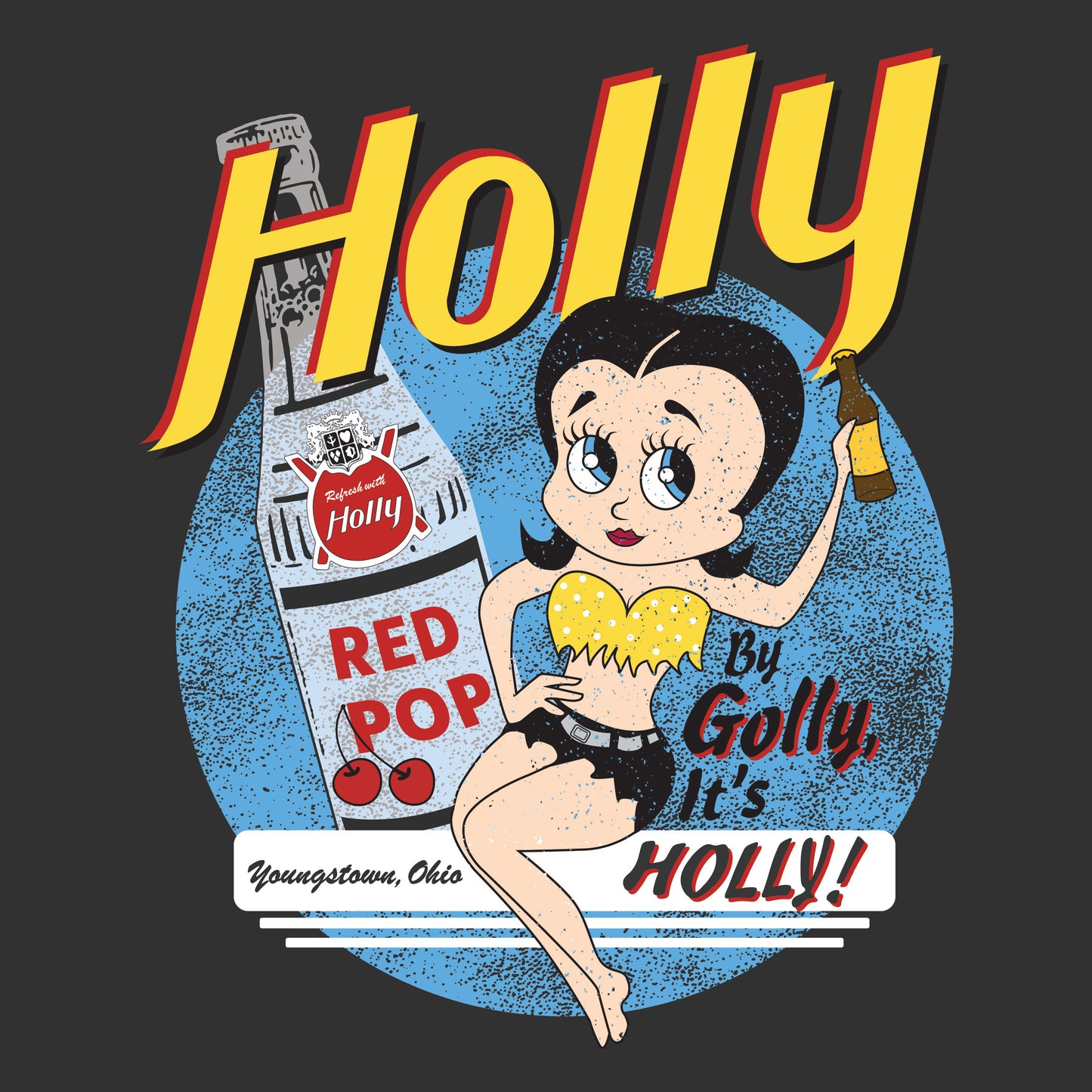 Vintage By Golly, It's Holly! artwork featuring nostalgic Holly soda branding with retro advertising details.