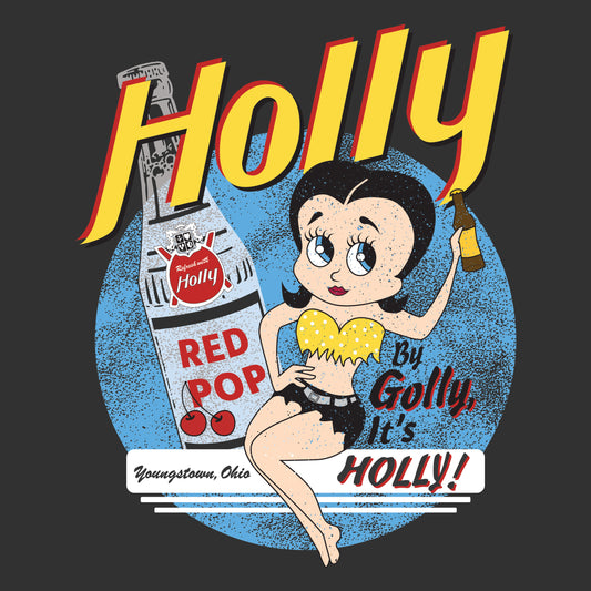 Vintage By Golly, It's Holly! artwork featuring nostalgic Holly soda branding with retro advertising details.