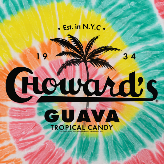 close up of chowards guava tropical candy logo graphic on colorful tie dye t shirt