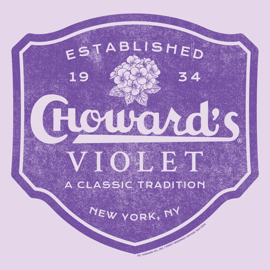 close up of chowards violet vintage candy logo graphic