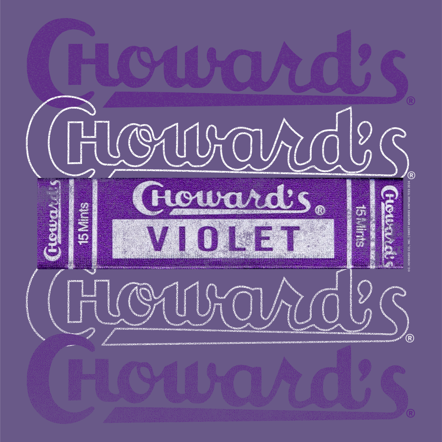 close up of chowards violet fine mints since 1934 vintage candy logo graphic