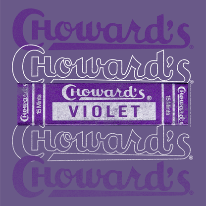 close up of chowards violet fine mints since 1934 vintage candy logo graphic