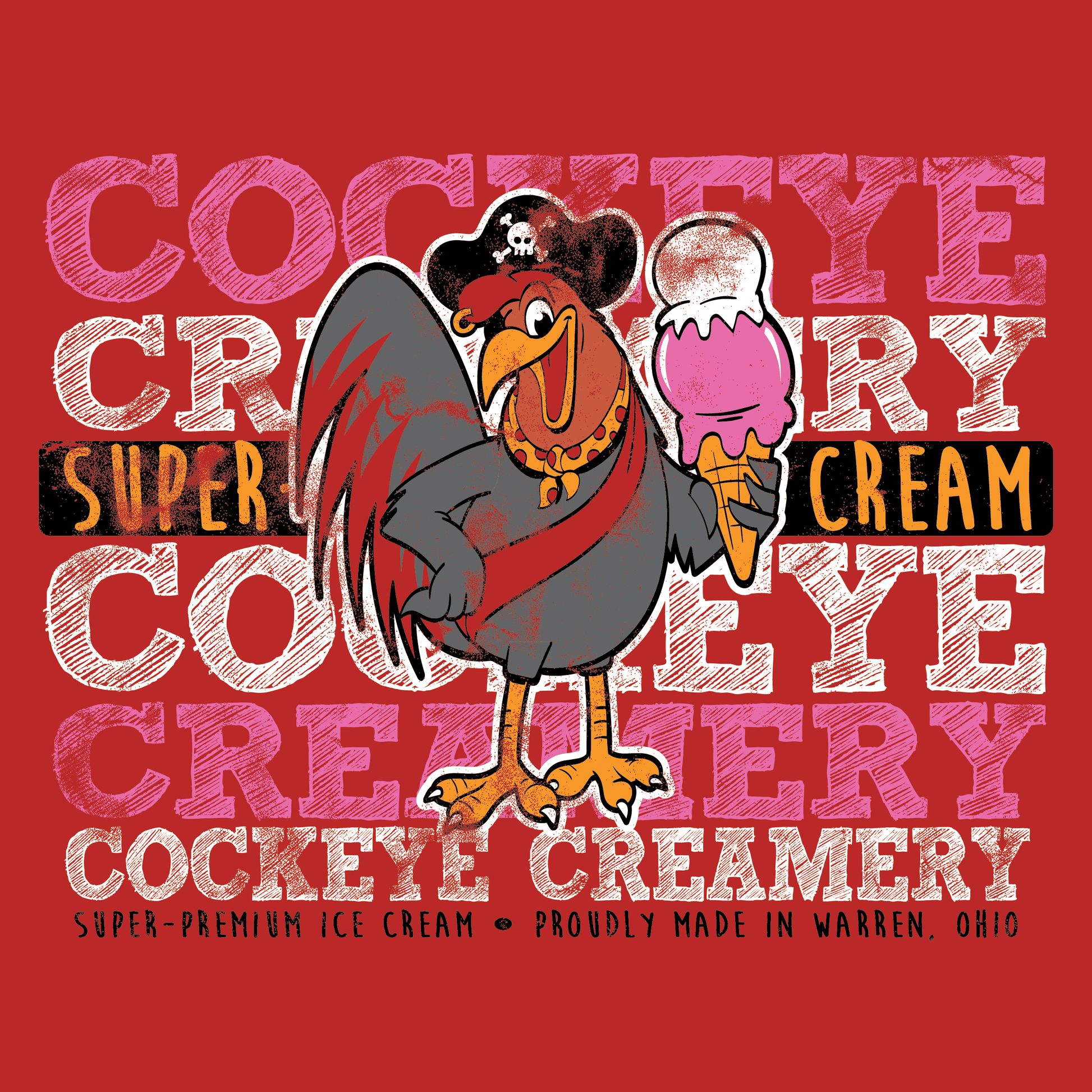 close up of cockeye creamery brand colors logo graphic