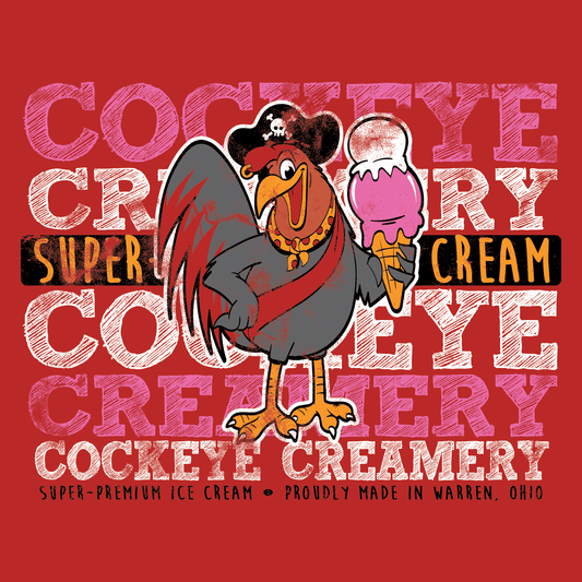 close up of cockeye creamery brand colors logo graphic