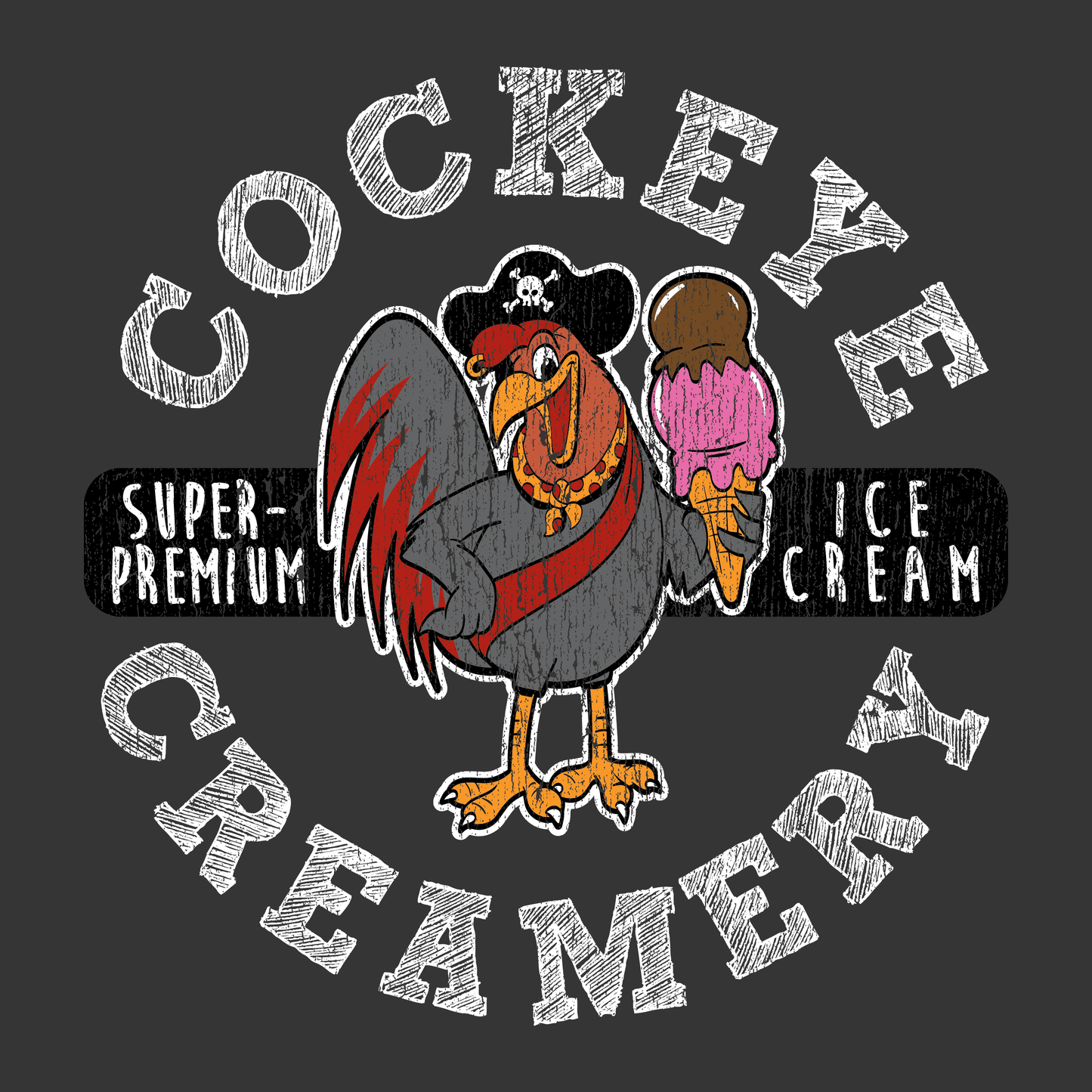 close up of cockeye creamery vintage circle logo graphic