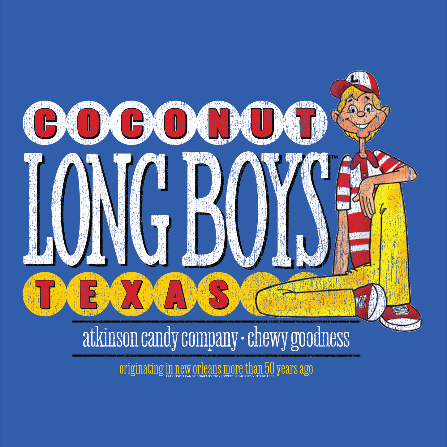 close up of coconut long boys vintage candy logo graphic on soft cotton t shirt